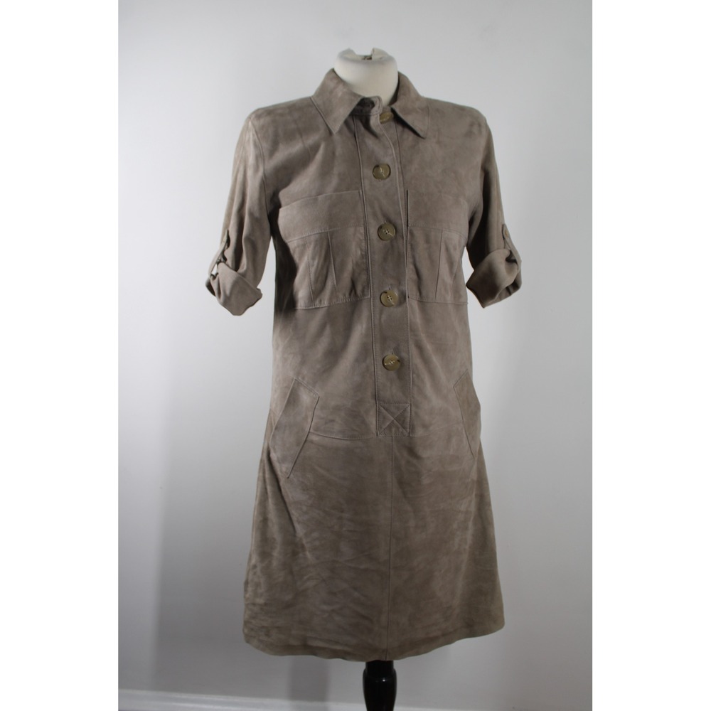 Worth XSP Taupe Brown Suede Leather Shirt Dress Short Sleeve Utility Pockets